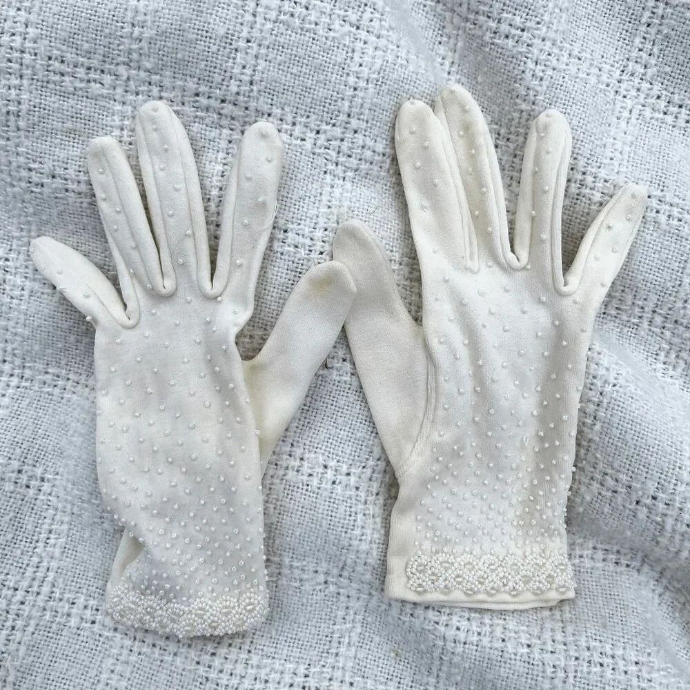 VTG Beaded Pearl Embellished Stretch Dress Gloves Wedding Bridal Opera Gloves